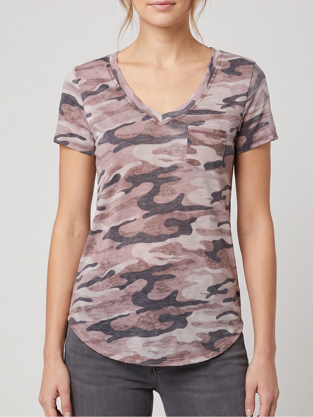 Derek Heart Pink Camo V-Neck Pocket Tee